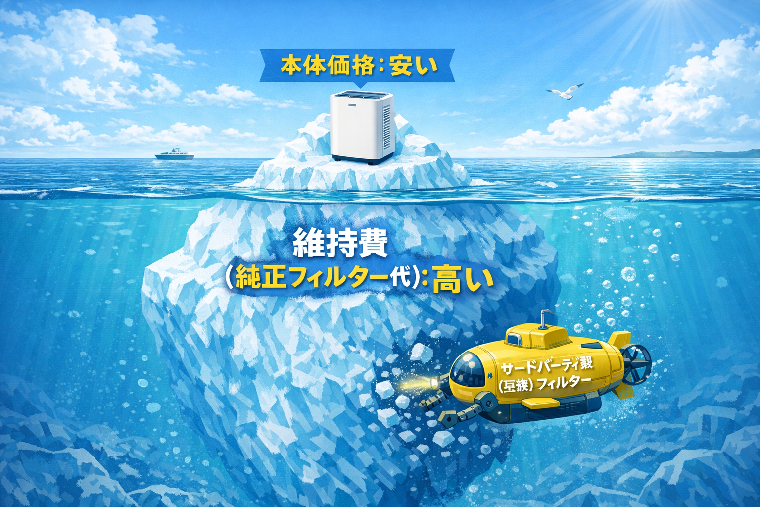 空気清浄機のコストを氷山で表現したインフォグラフィック。水面上は「本体価格:安い」、水面下は「維持費(純正フィルター代):高い」。互換フィルターの小型潜水艦が水面下の氷山を削って維持費を下げる様子