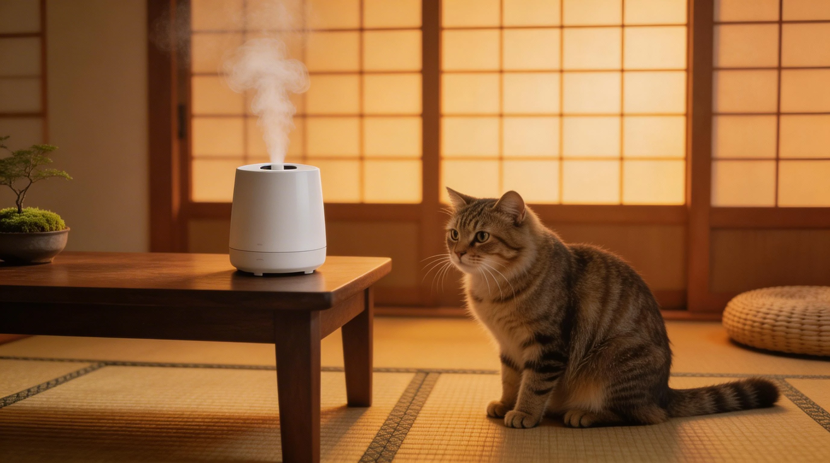 超音波式加湿器のミストの近くにいる猫