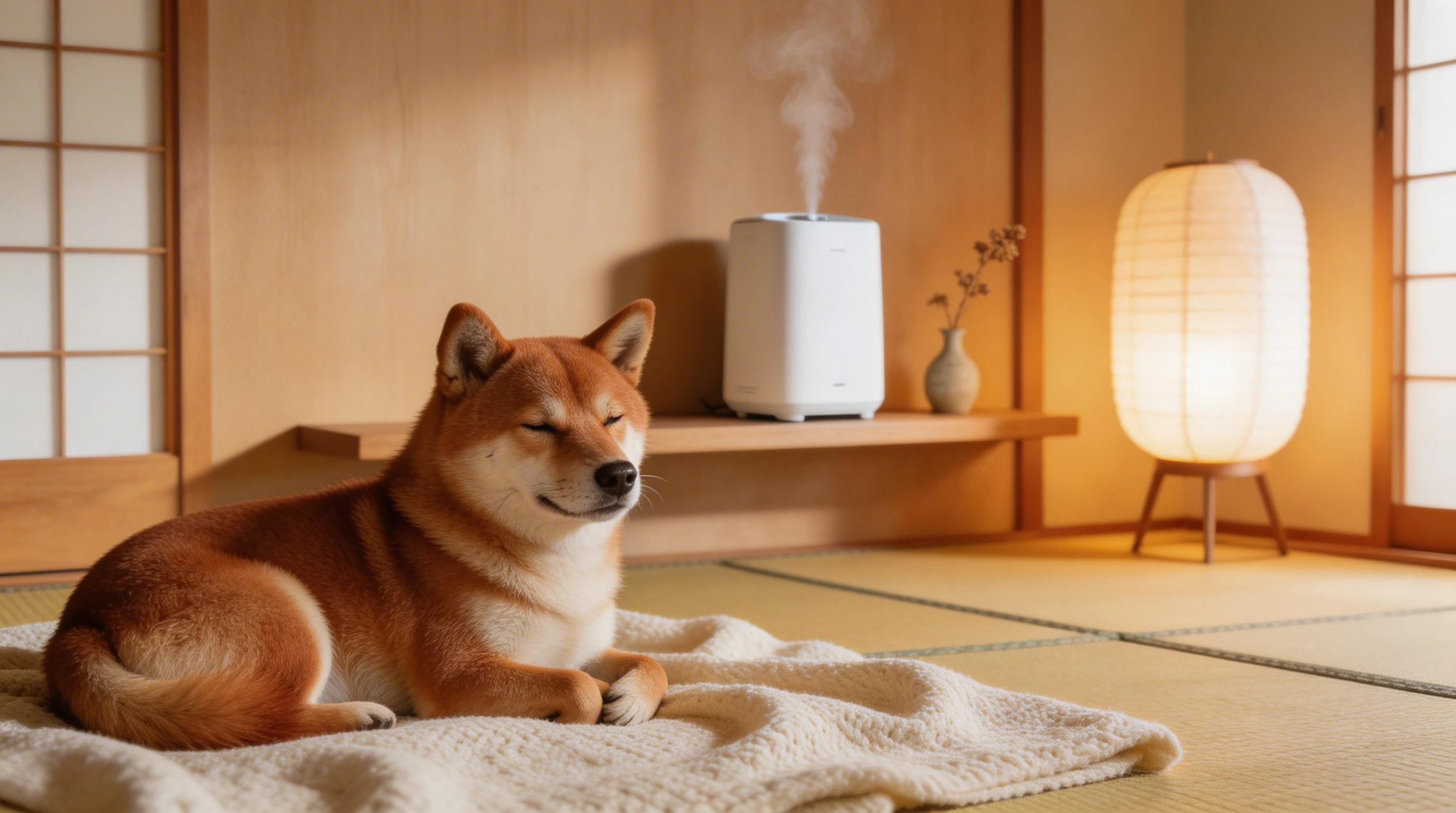 冬のリビングでくつろぐ柴犬と加湿器