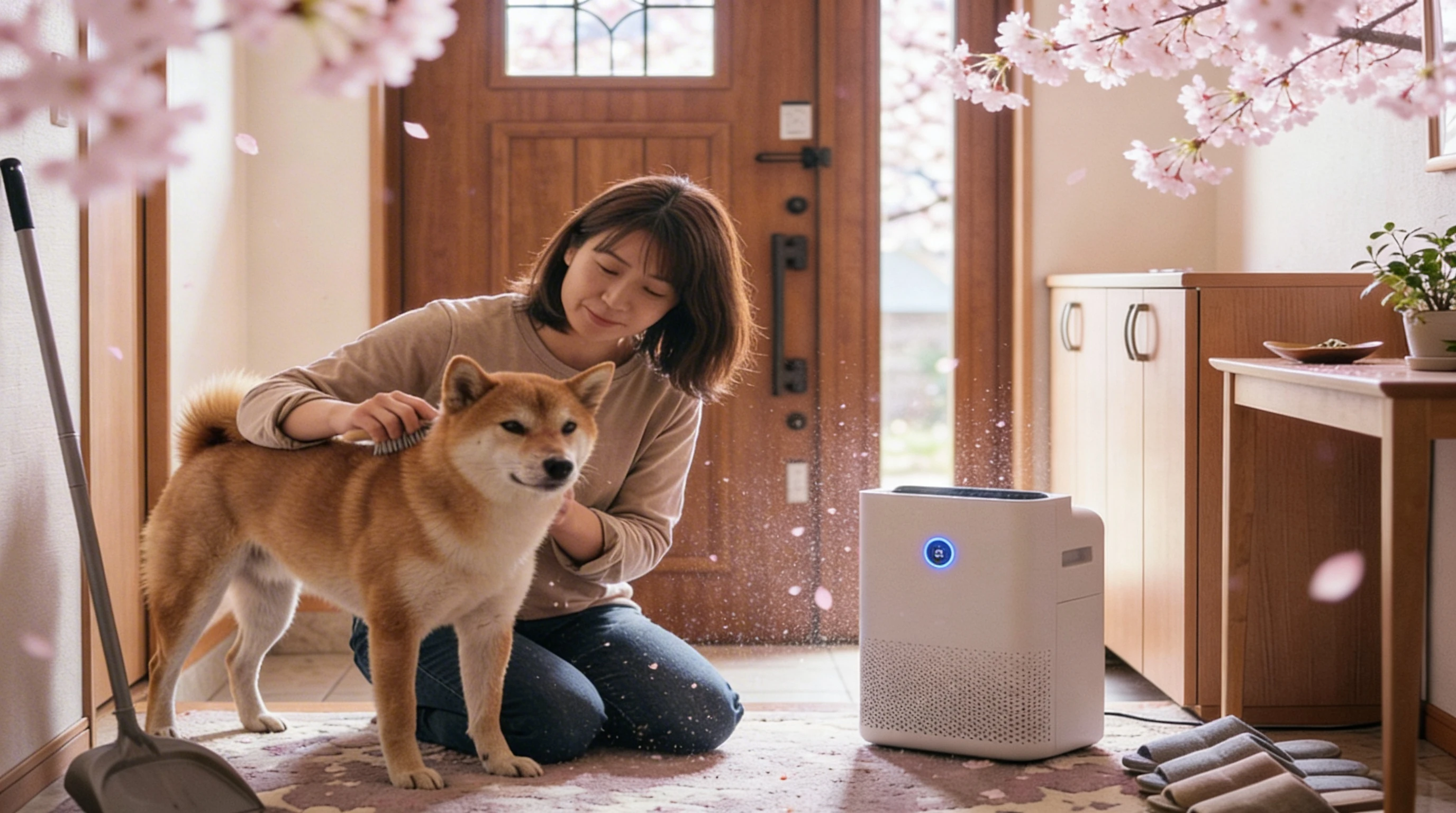 犬の散歩後に玄関で花粉対策をする飼い主