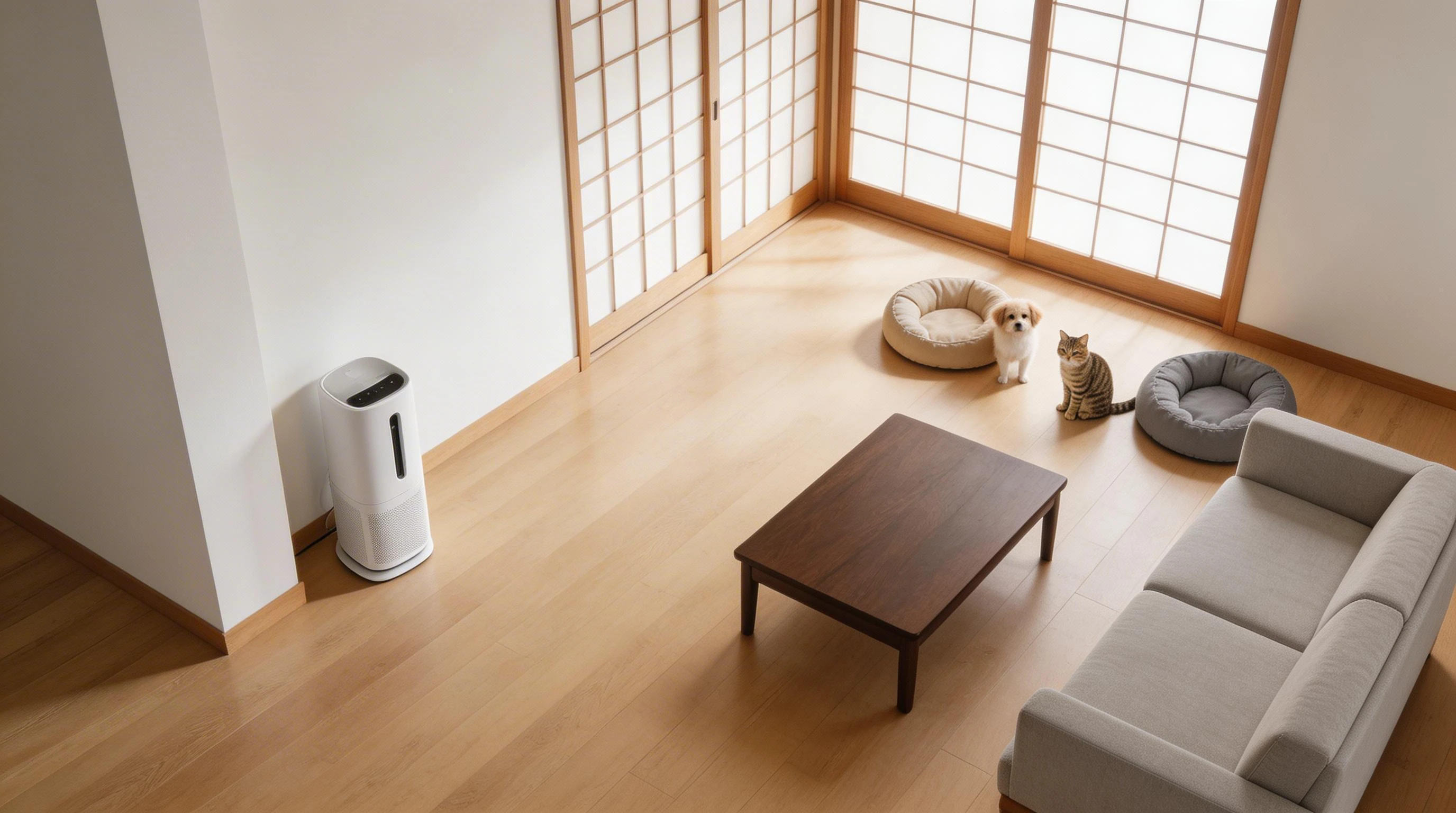 犬と猫がいるリビングでの加湿器の安全な配置