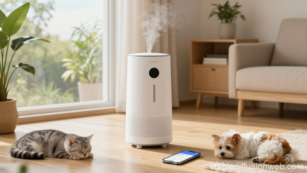 犬と猫がいるリビングの加湿器