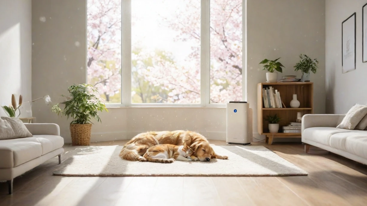 花粉シーズンにペットと空気清浄機のあるリビング